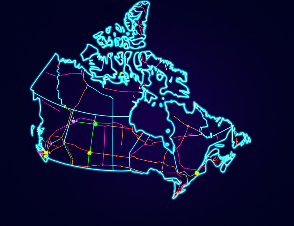 Interactive map of Canada highlighting major cities served by Custom Neon Signs Canada including Toronto, Vancouver, Montreal, Calgary, Ottawa, Edmonton, Winnipeg, and Halifax with neon service coverage areas
